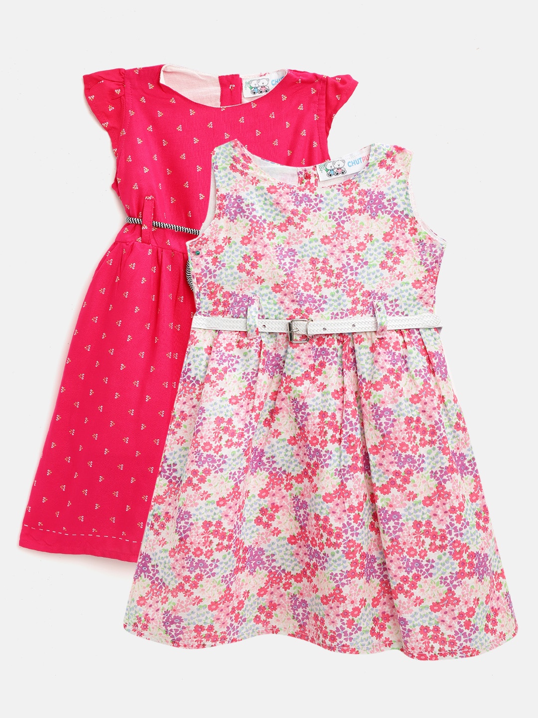 

Chutput Girls Pack of 2 Printed A-Line Dresses With Belt, White