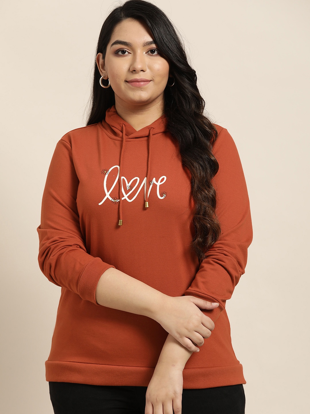 

Sztori Women Plus Size Rust Orange & Off-White Printed Hooded Sweatshirt