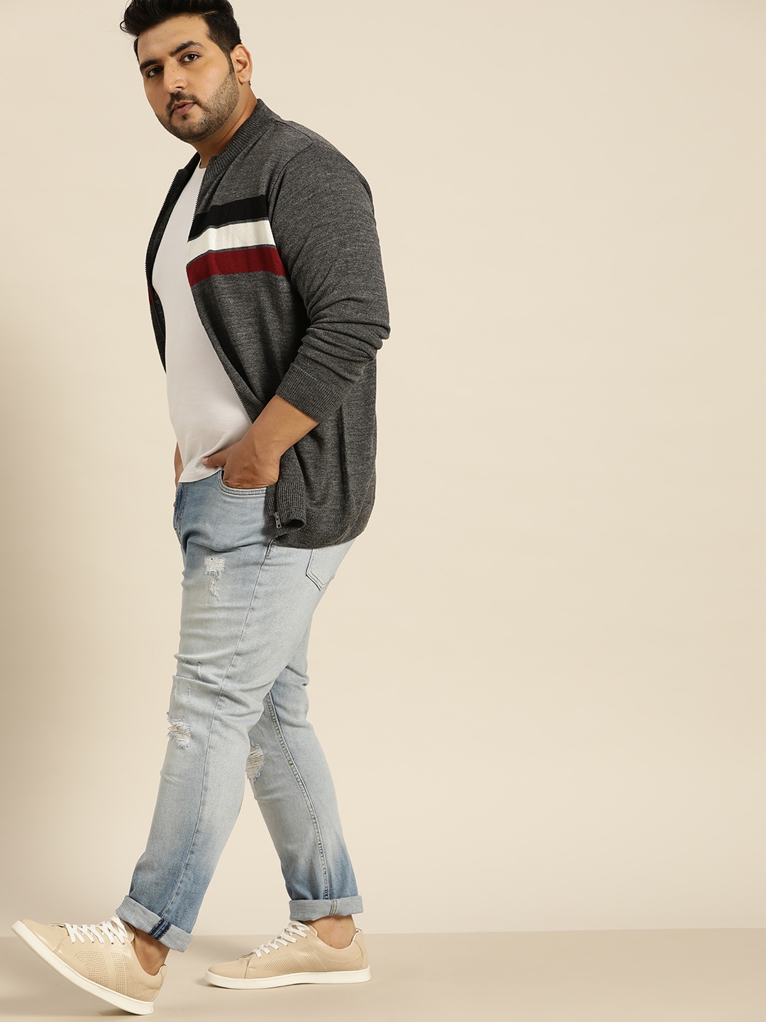 

Sztori Men Charcoal Grey & White Striped Plus Size Cardigan Sweater