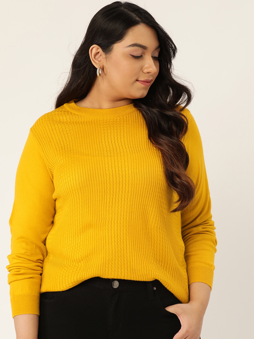 

Sztori Women Mustard Yellow Plus Size Cable Knit Pullover
