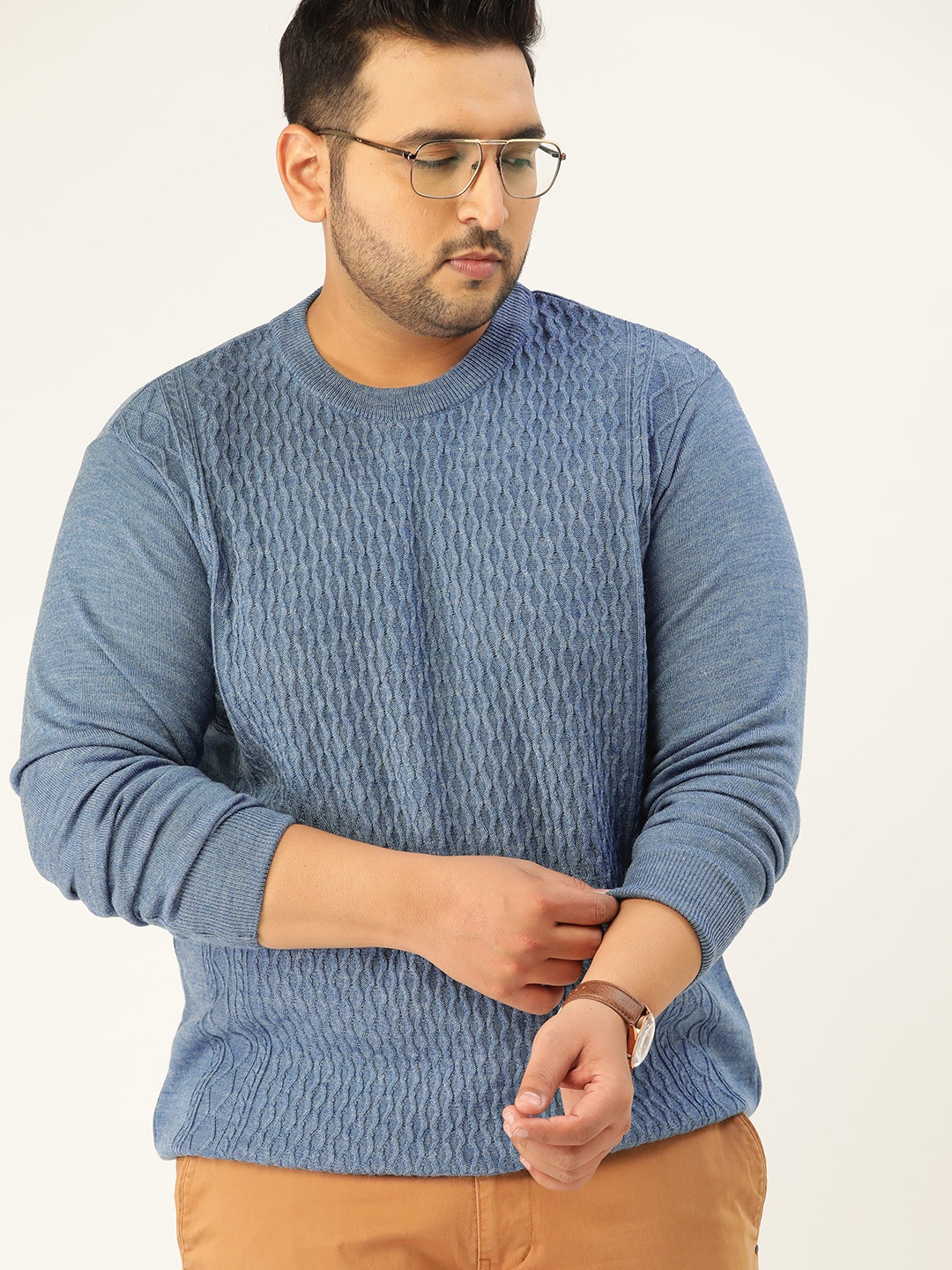 

Sztori Men Plus Size Blue Acrylic Self Design Pullover