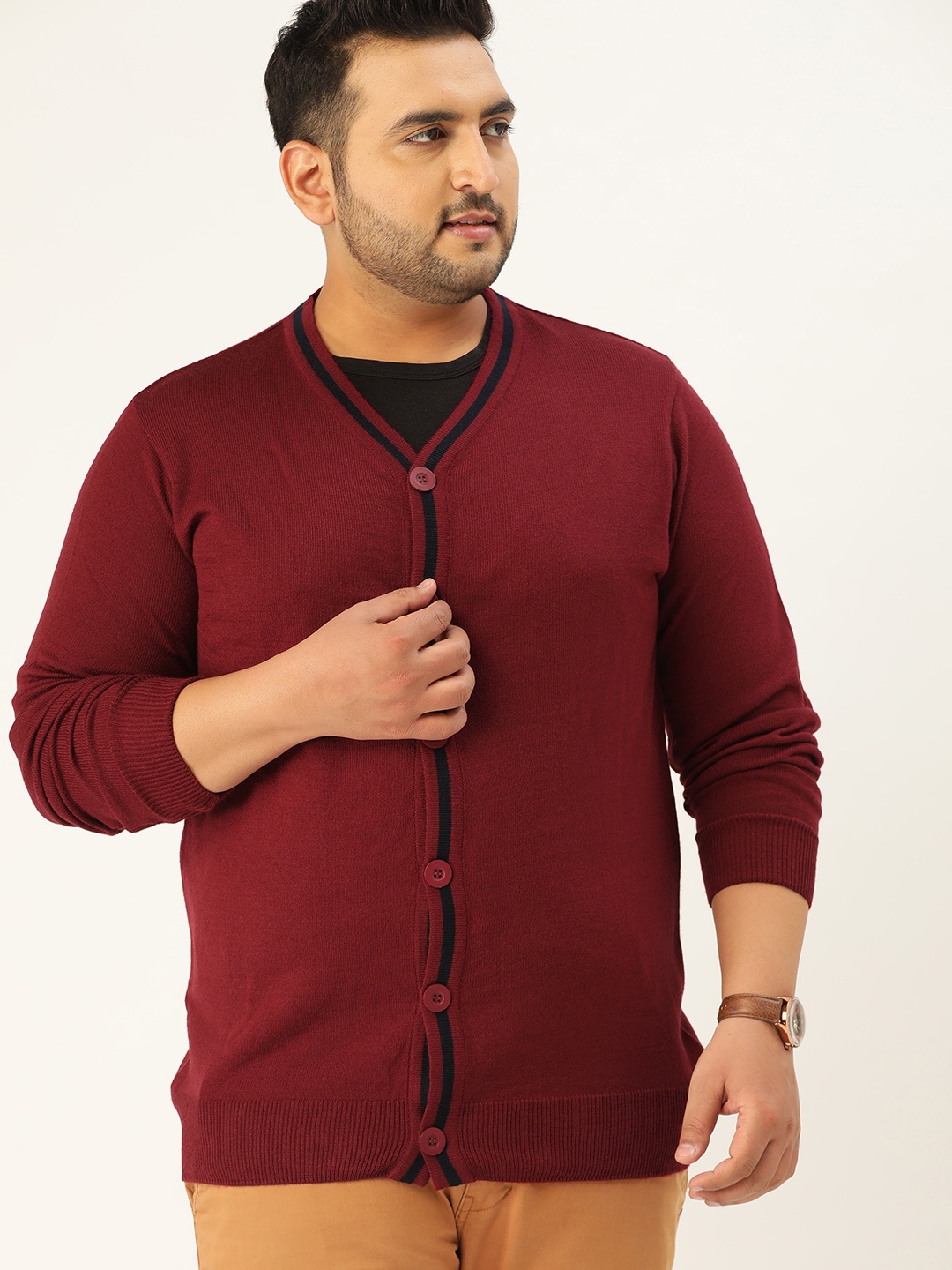 

Sztori Men Plus Size Maroon Acrylic Solid Cardigan