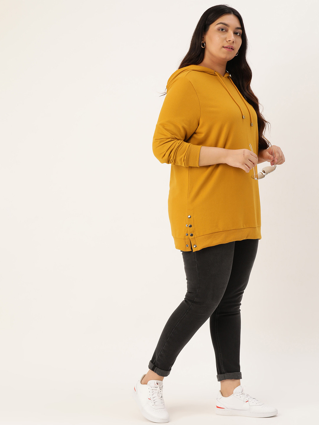 

Sztori Women Mustard Yellow Solid Longline Hooded Plus Size Sweatshirt