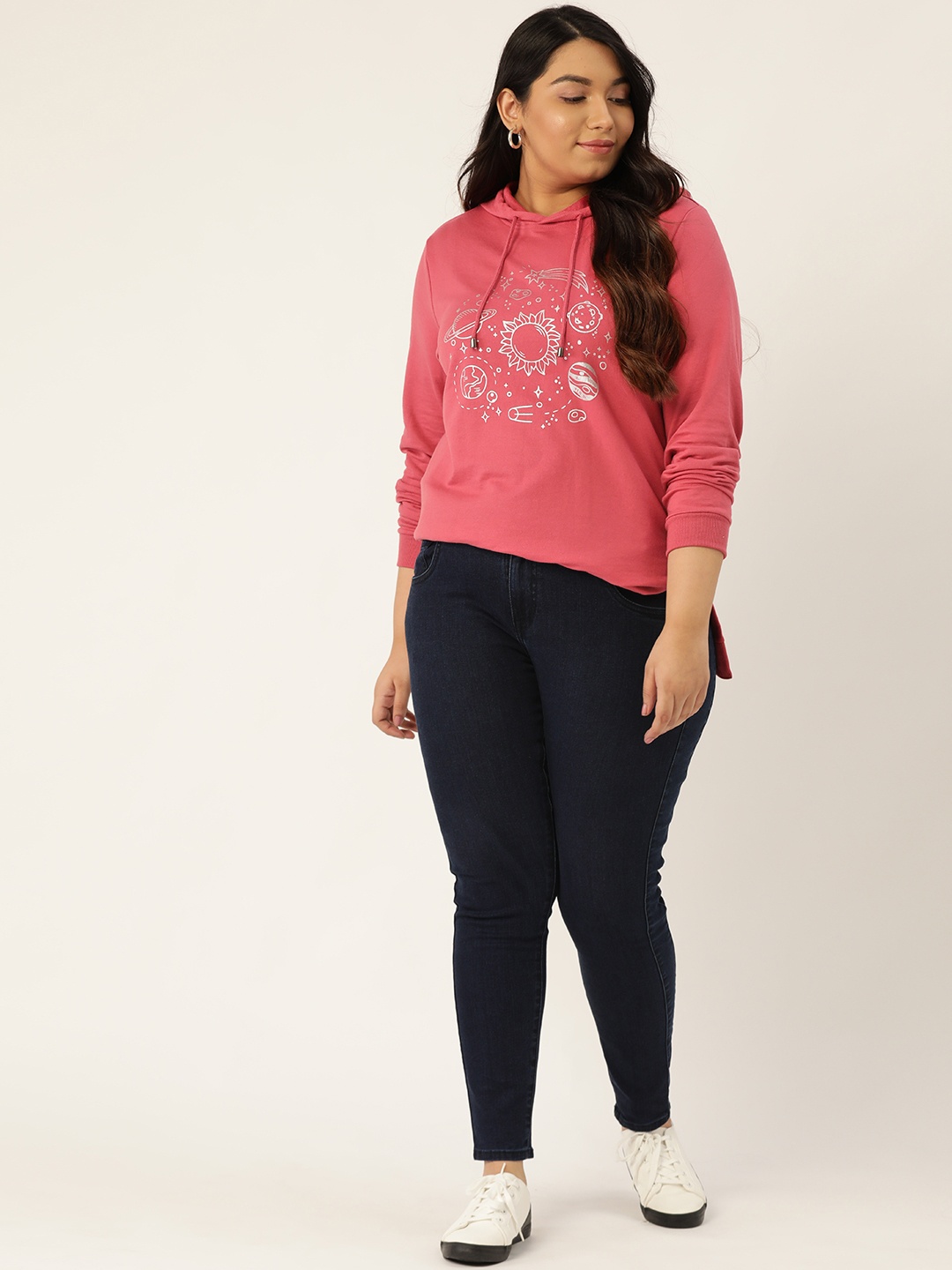 

Sztori Women Pink & Silver Printed Plus Size Hooded Sweatshirt