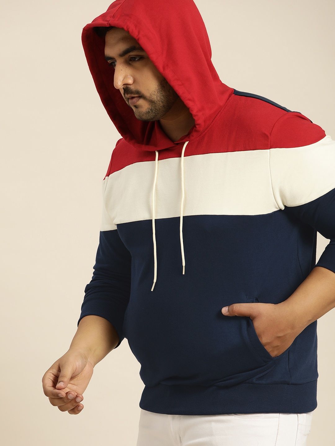 

Sztori Men Navy Blue & Maroon Colourblocked Hooded Plus Size Sweatshirt