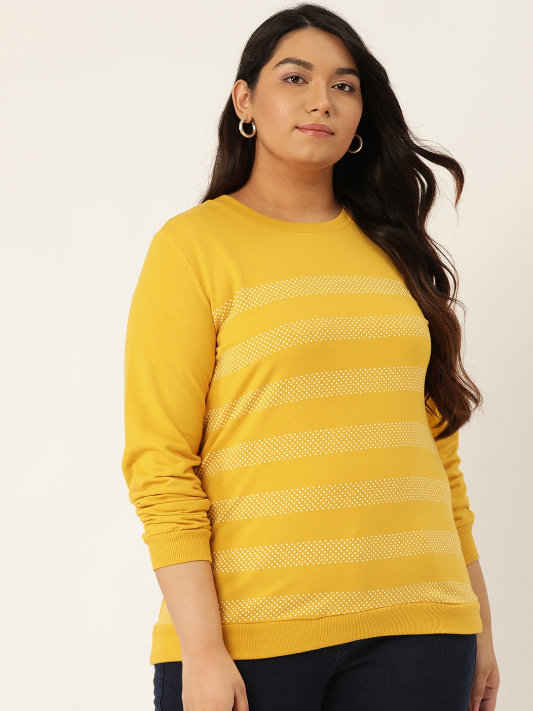 

Sztori Women Mustard Yellow & White Striped Plus Size Sweatshirt