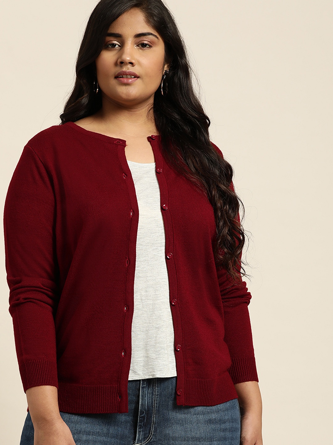 

Sztori Women Maroon Solid Plus Size Cardigan Sweater