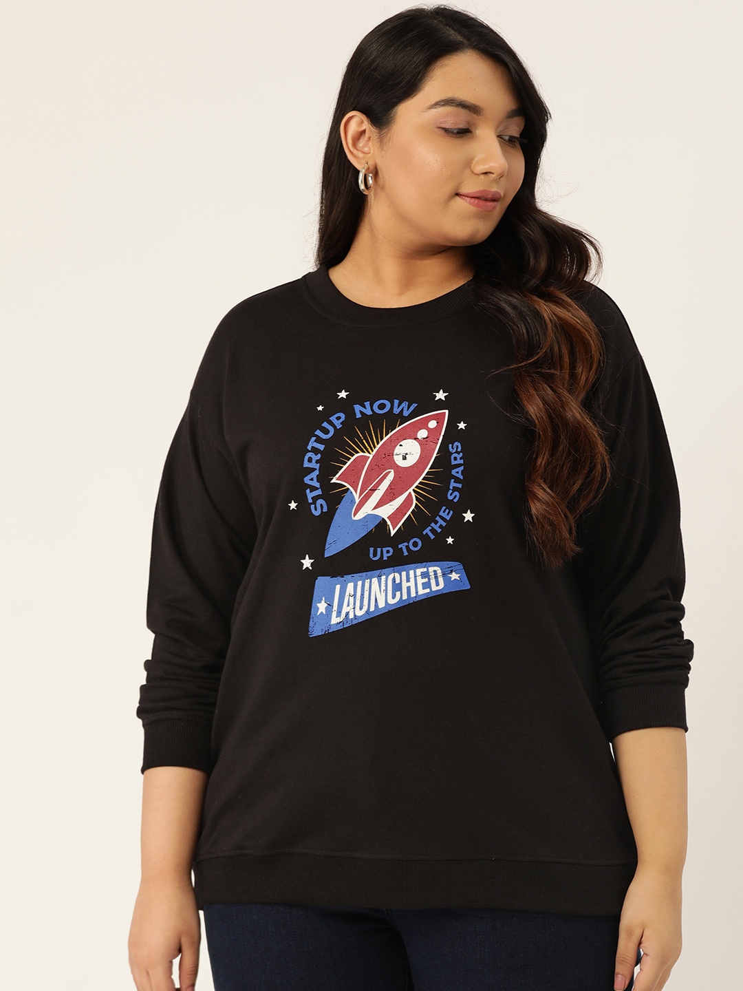 

Sztori Women Black Printed Plus Size Sweatshirt
