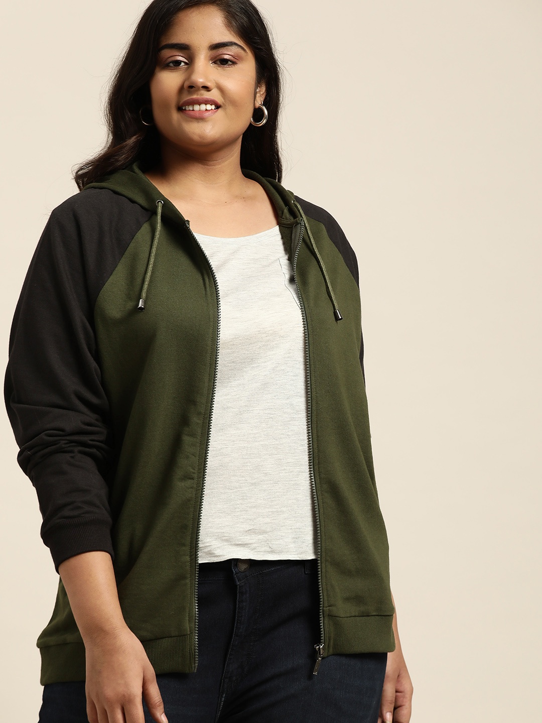 

Sztori Women Olive Green Solid Plus Size Hooded Sweatshirt
