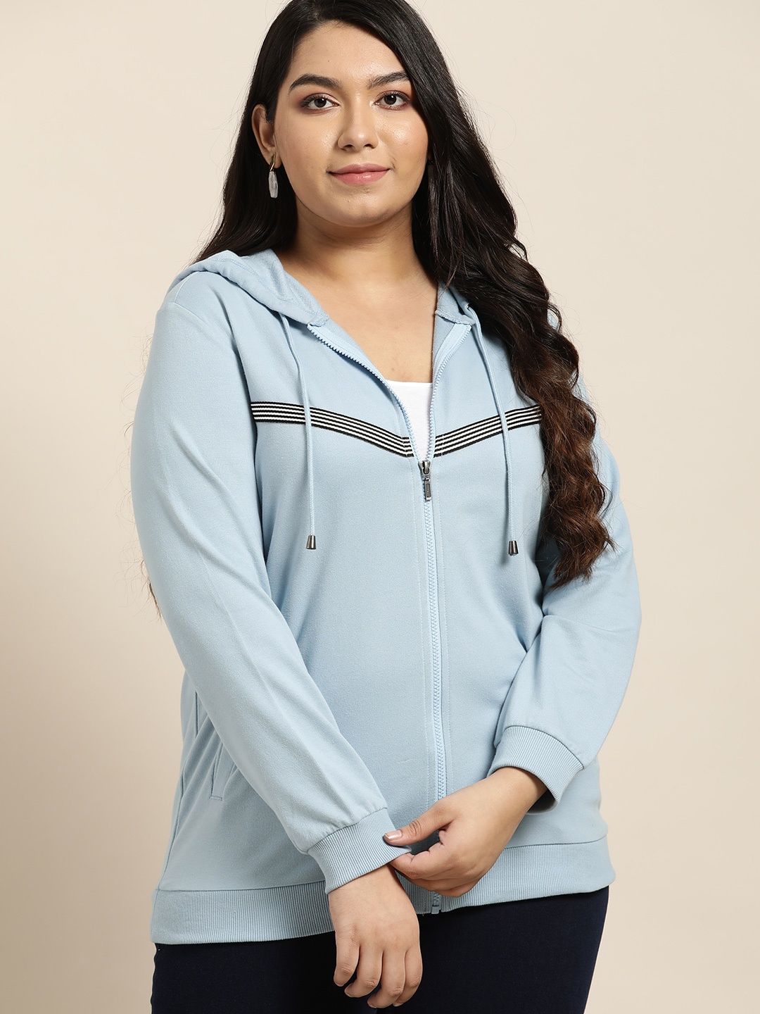 

Sztori Women Plus Size Blue Solid Hooded Sweatshirt