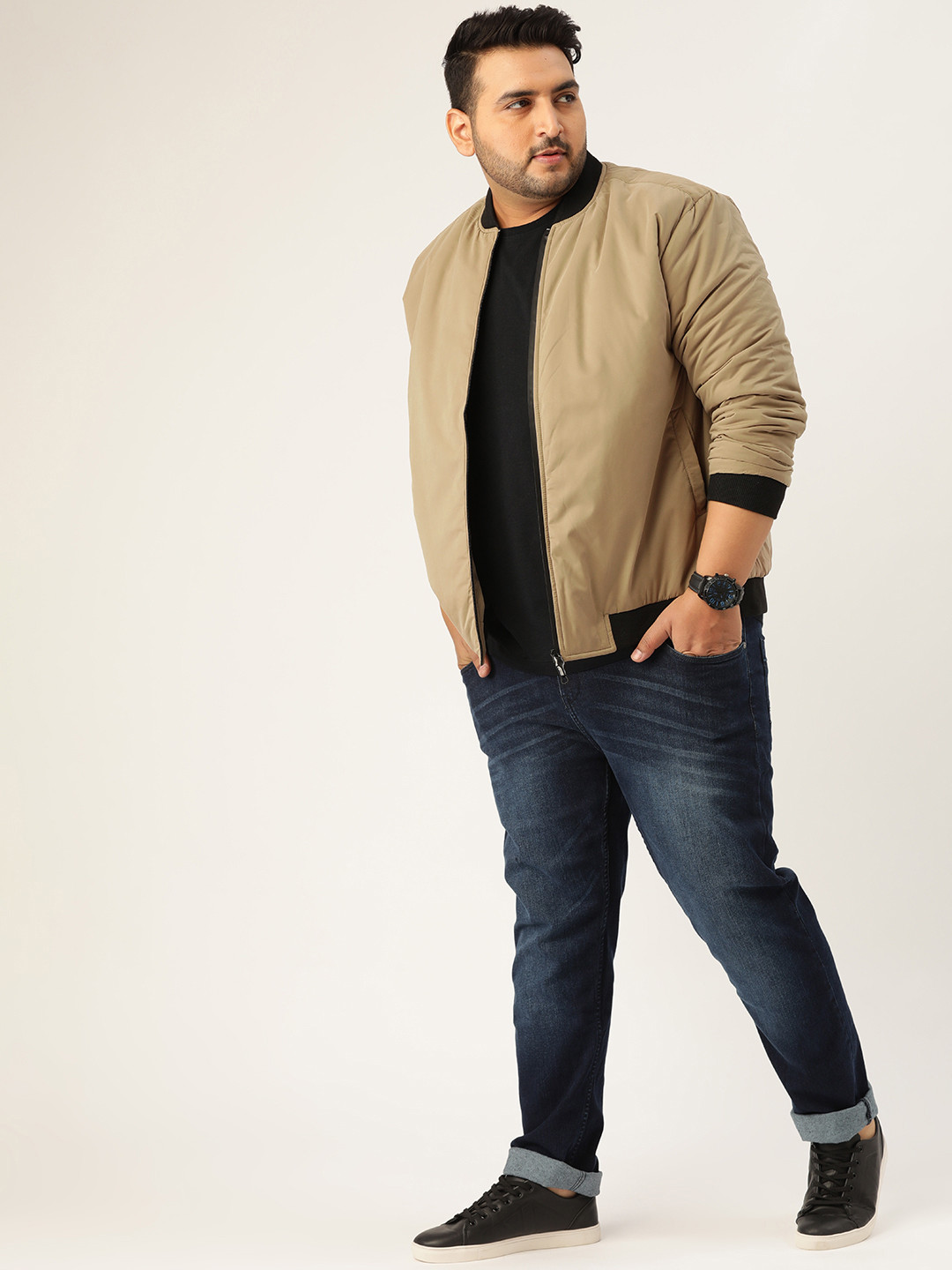 

Sztori Plus Size Men Olive Brown Green Solid Bomber Jacket