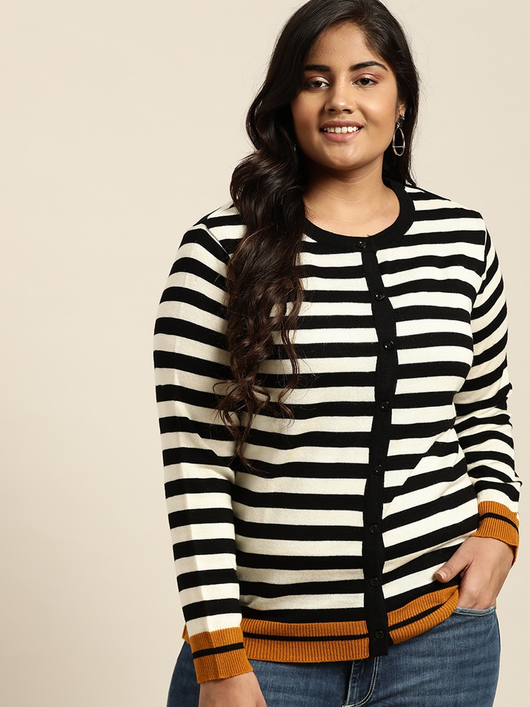 

Sztori Women Cream-Coloured & Black Striped Plus Size Cardigan Sweater