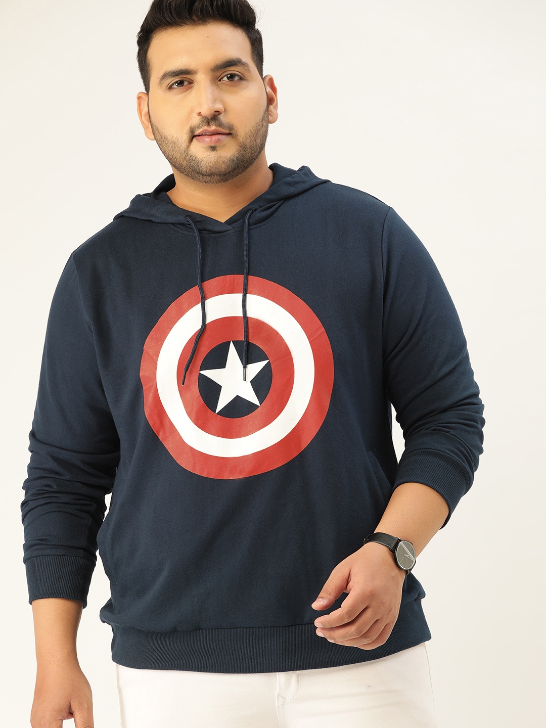 

Sztori Marvel Men Plus Size Navy Blue & Red Captain America Print Hooded Sweatshirt