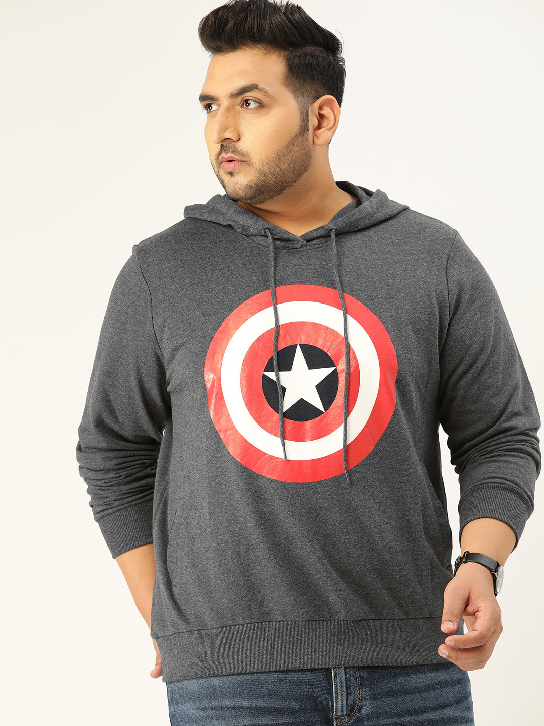 

Sztori Marvel Men Plus Size Charcoal Grey & Red Captain America Shield Print Hooded Sweatshirt