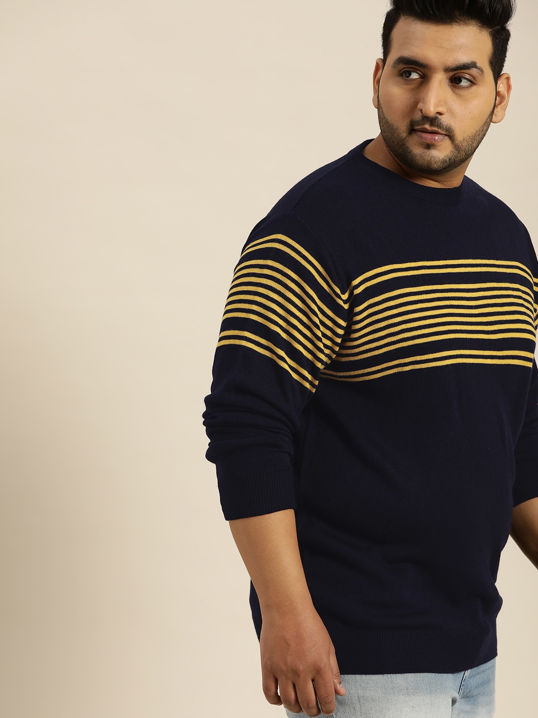 

Sztori Men Black & Yellow Striped Plus Size Pullover