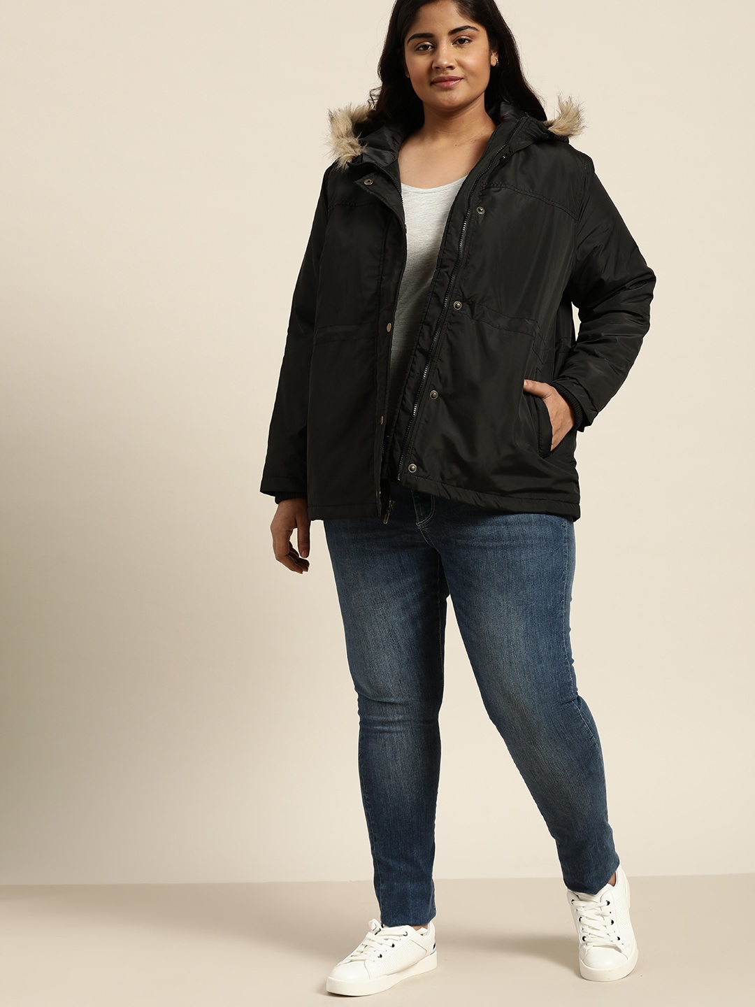 

Sztori Women Black Solid Plus Size Hooded Parka Jacket