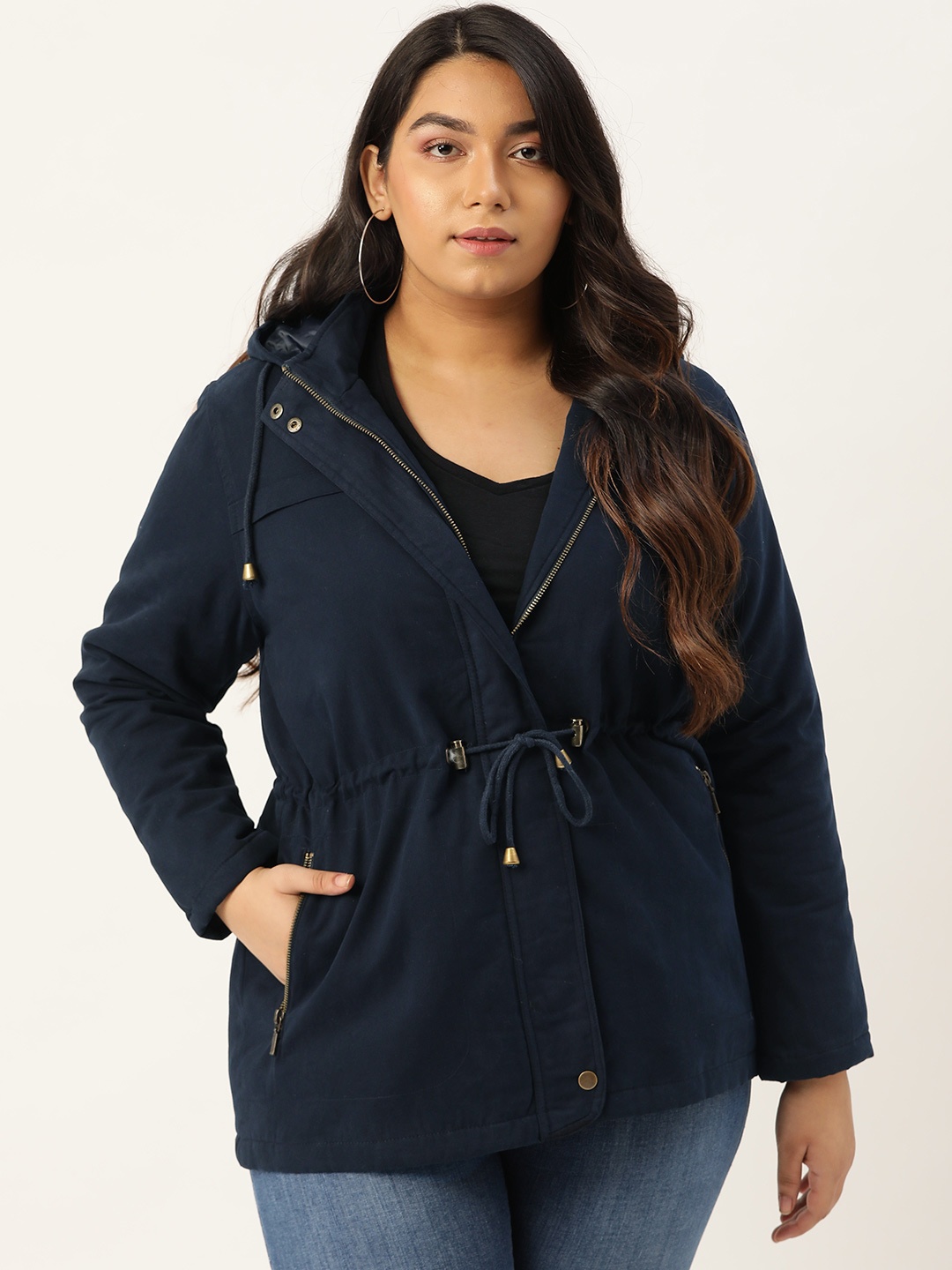 

Sztori Women Navy Blue Solid Plus Size Hooded Tailored Jacket