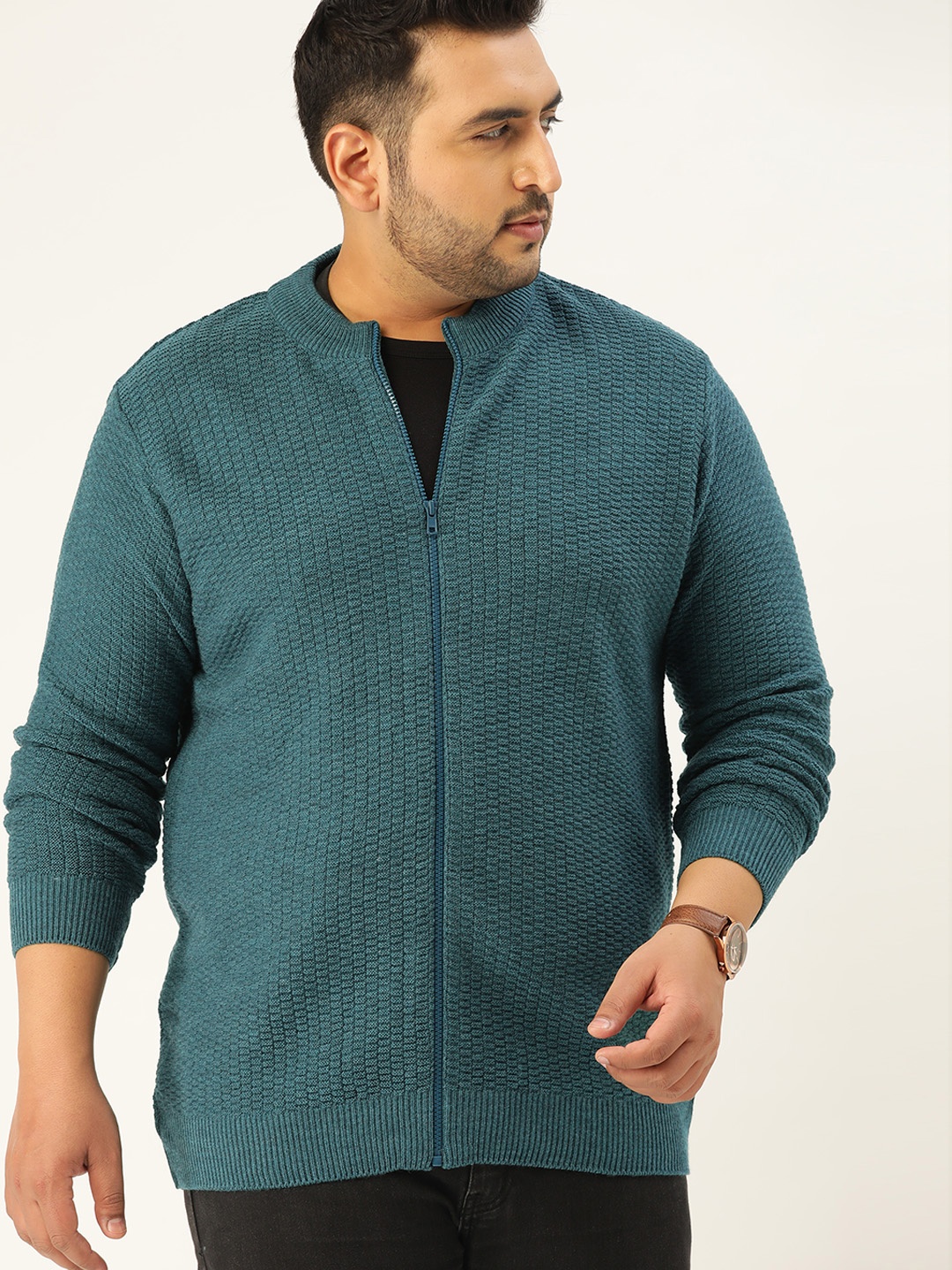 

Sztori Men Plus Size Teal Green Textured Cardigan