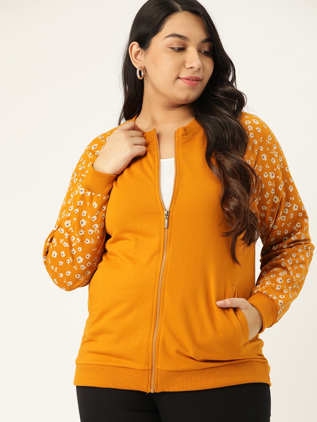 

Sztori Women Mustard Yellow Plus Size Solid Sweatshirt With Printed Detail