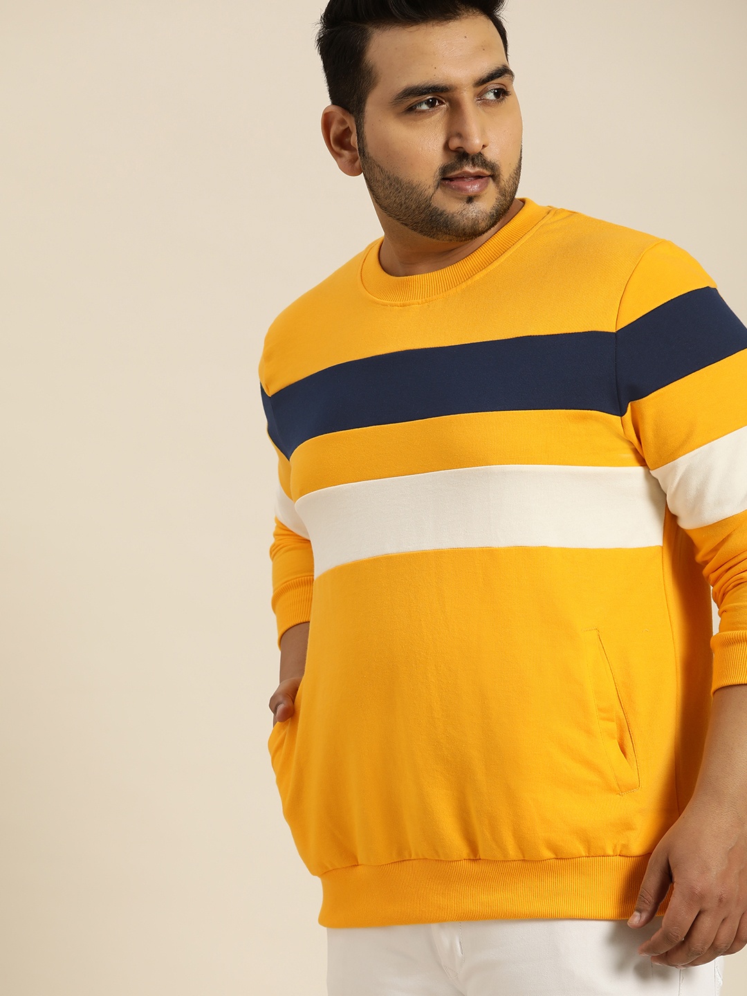 

Sztori Men Yellow & Navy Blue Striped Plus Size Sweatshirt
