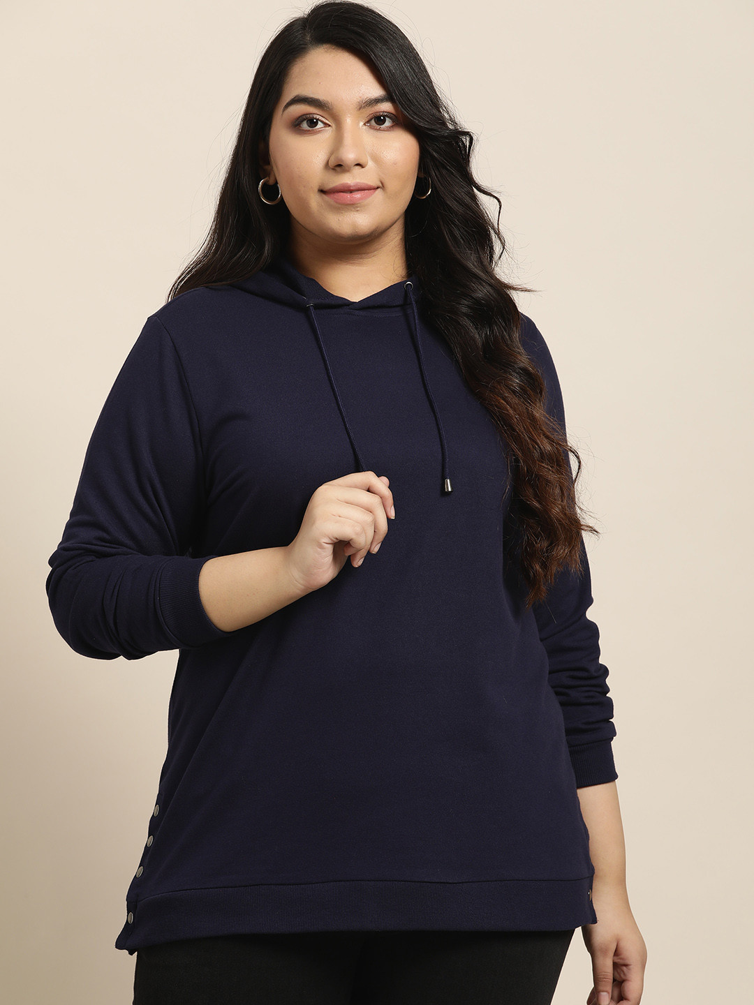 

Sztori Women Plus Size Navy Blue Solid Hooded Sweatshirt