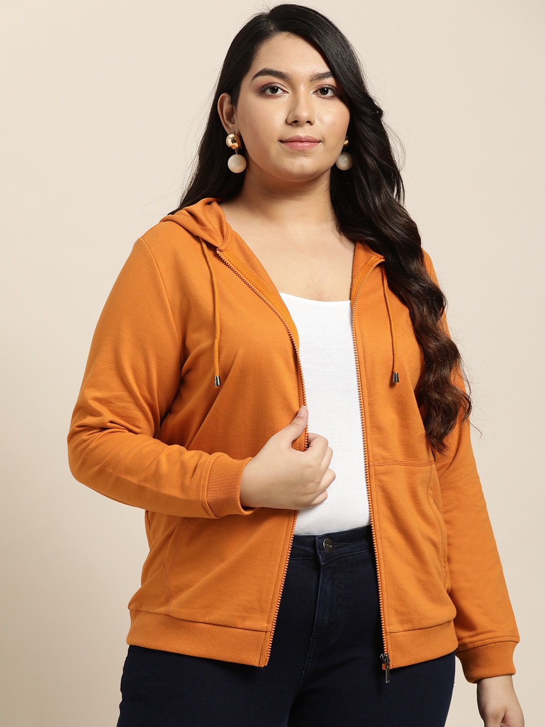 

Sztori Women Plus Size Coral Orange Solid Hooded Sweatshirt