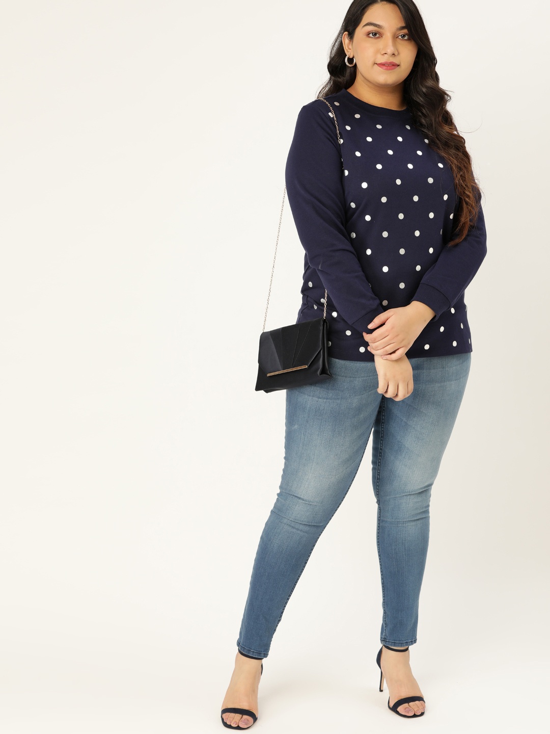

Sztori Women Plus Size Navy Blue & Silver Polka Dot Print Sweatshirt