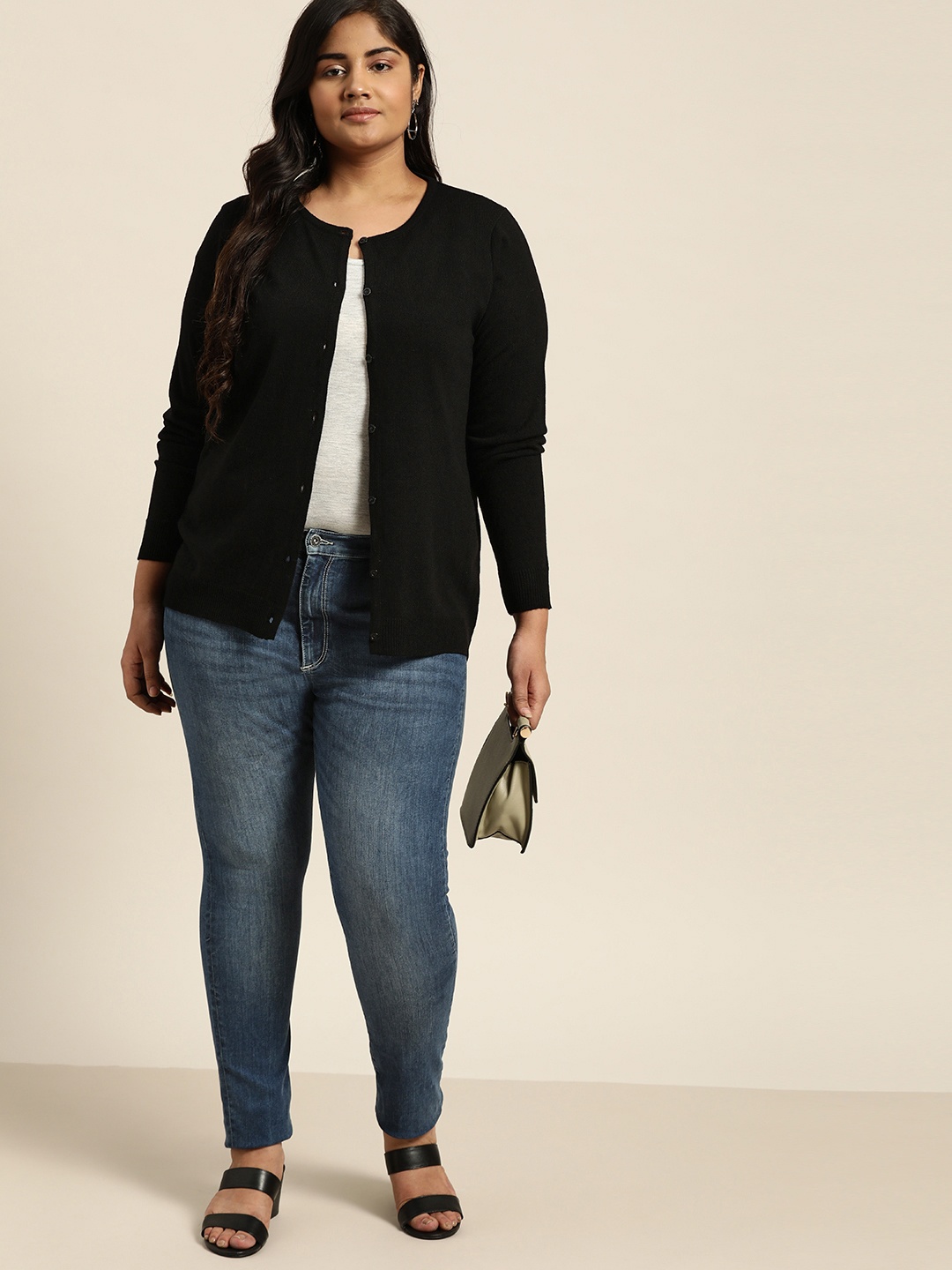 

Sztori Women Black Solid Plus Size Cardigan Sweater