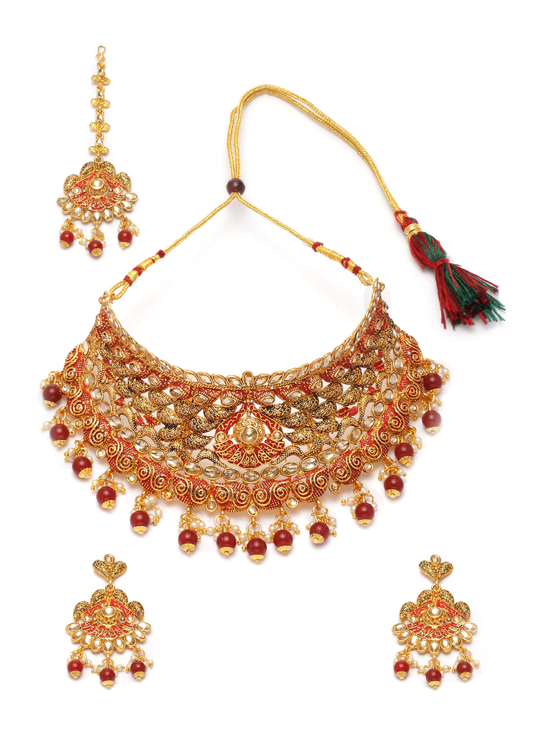 

ANIKAS CREATION Gold-Plated Red & Beige Stone-Studded Enamelled Handcrafted Jewellery Set