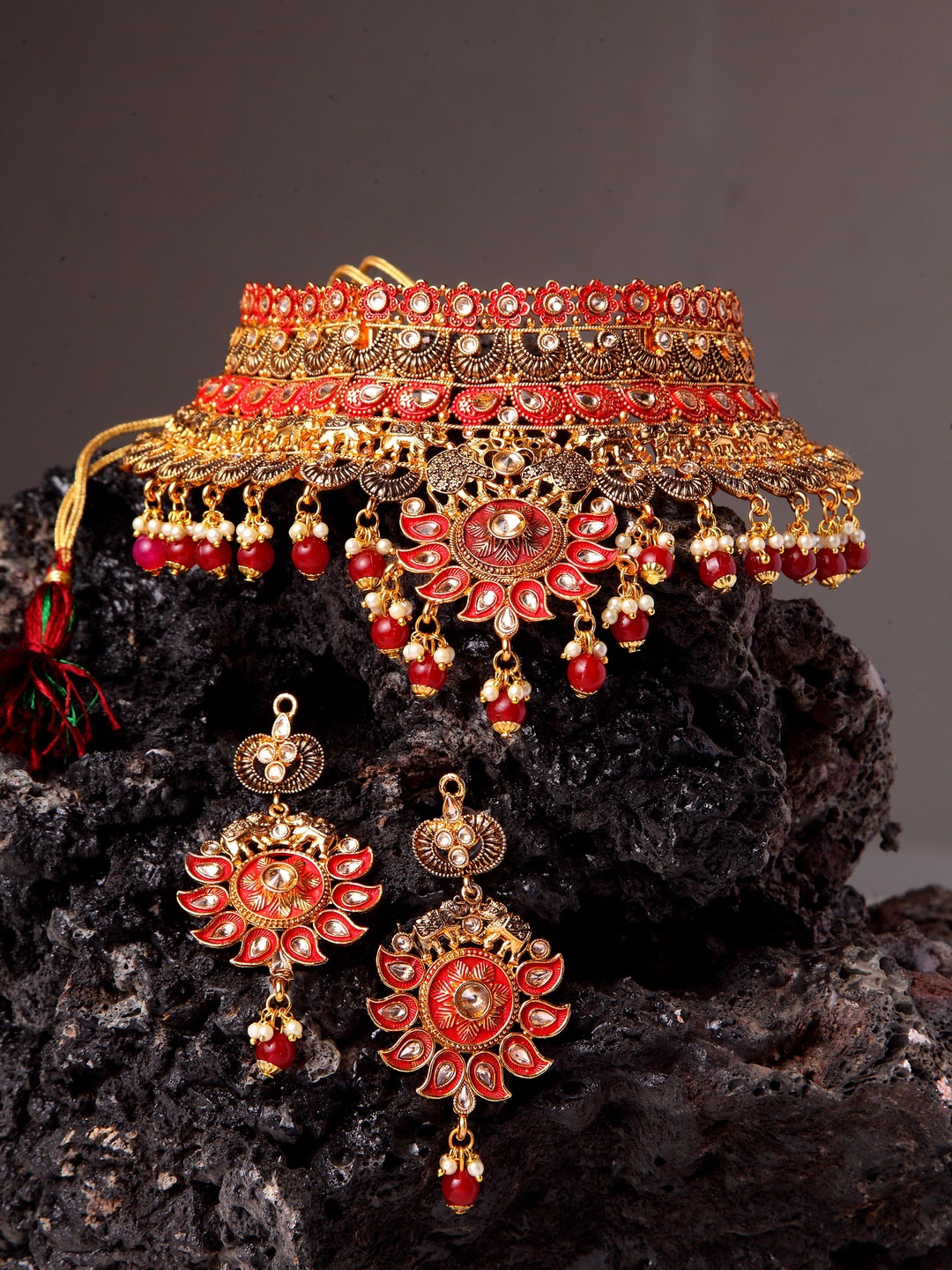 

ANIKAS CREATION Gold-Plated & Red Handcrafted Bridal Look Enamelled Jewellery Set