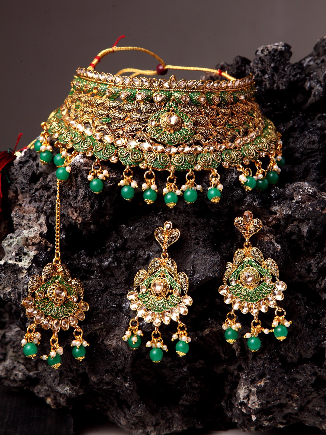 

ANIKAS CREATION Gold-Plated & Green Handcrafted Bridal Look Enamelled Jewellery Set