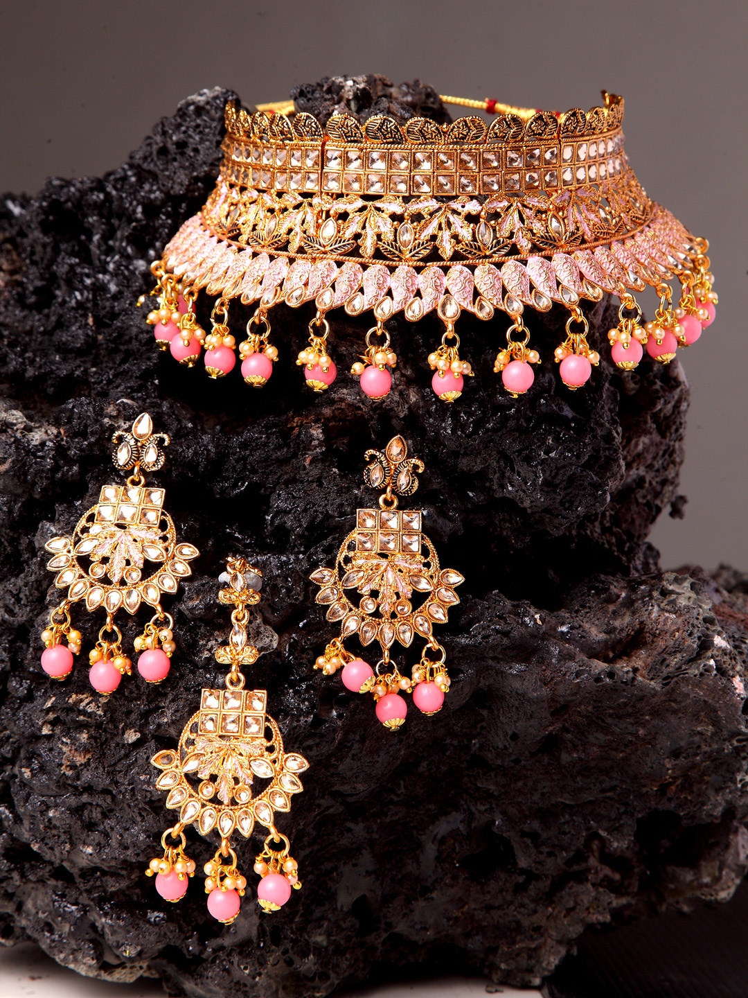 

ANIKAS CREATION Gold-Plated & Pink Handcrafted Bridal Look Enamelled Jewellery Set