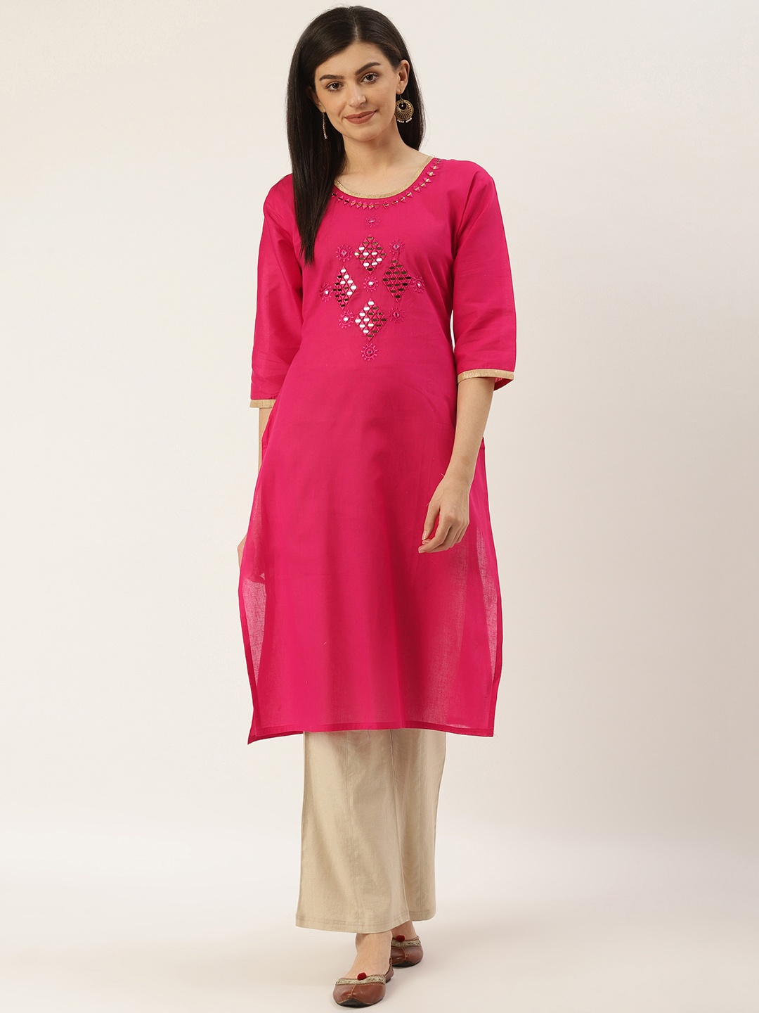 

Varkha Fashion Women Pink Yoke Design Straight Kurta