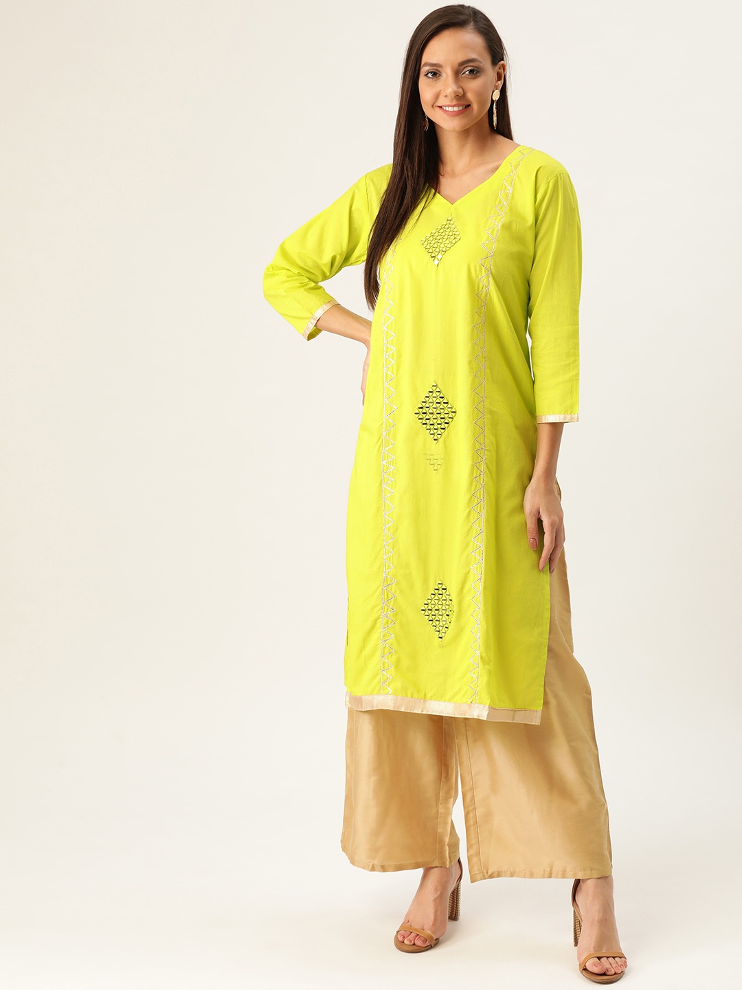 

Varkha Fashion Women Lime Green & Golden Embroidered Straight Kurta