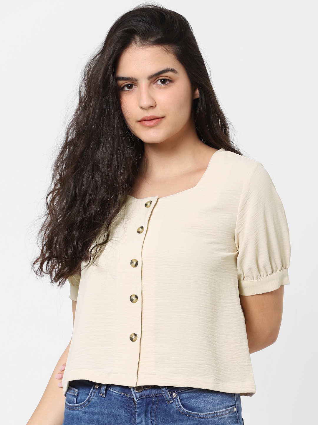 

ONLY Women Off-White Solid Top with Button Closure