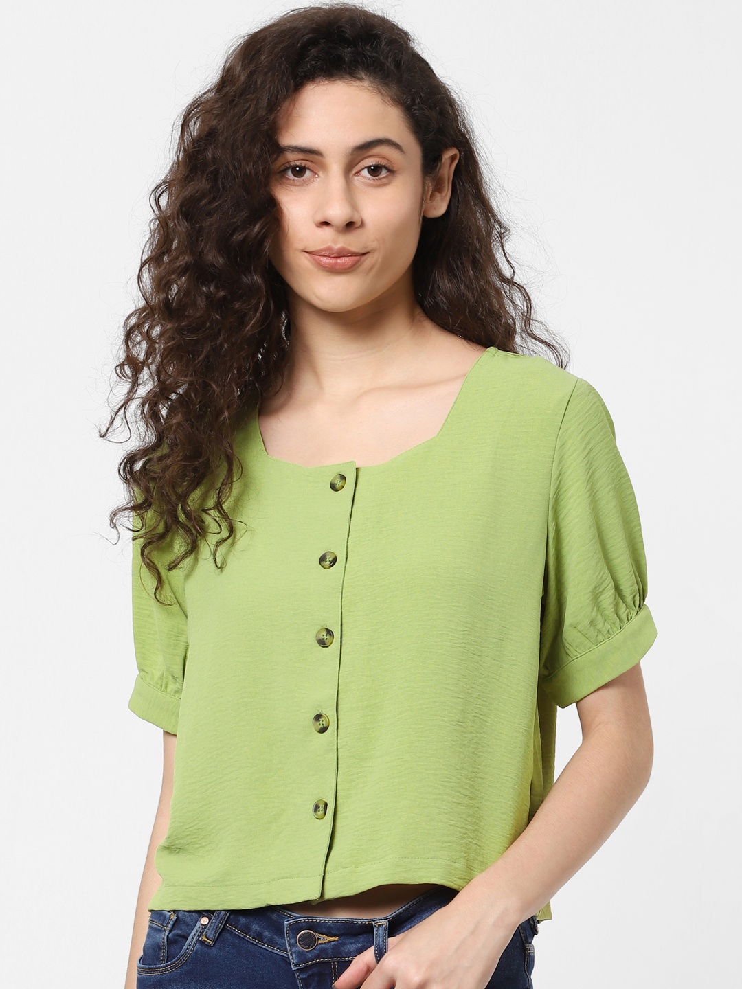 

ONLY Women Green Solid Puff-Sleeved Top With Crushed Effect