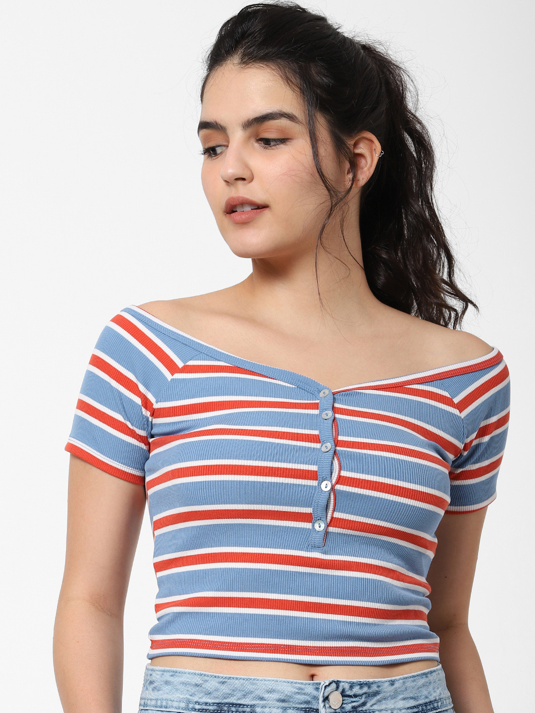 

ONLY Women Blue & Red Candy Striped Boat Neck Fitted Top