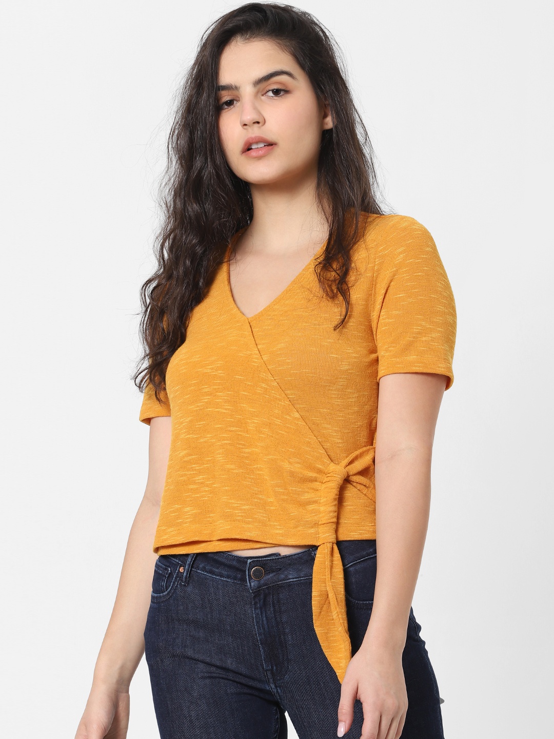 

ONLY Women Mustard Yellow Solid Wrap Crop Top