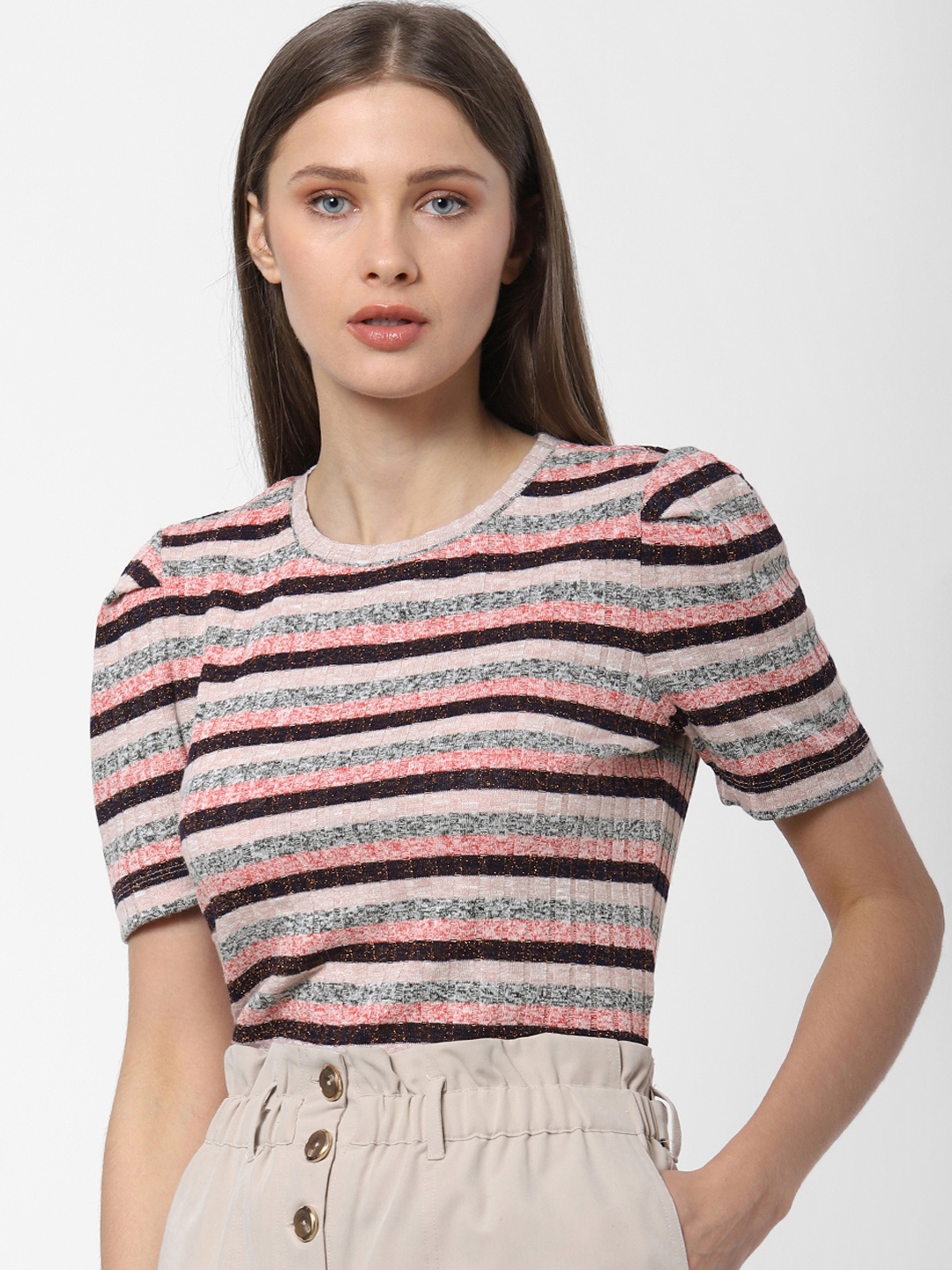 

ONLY Women Pink & Grey Striped Round Neck T-shirt