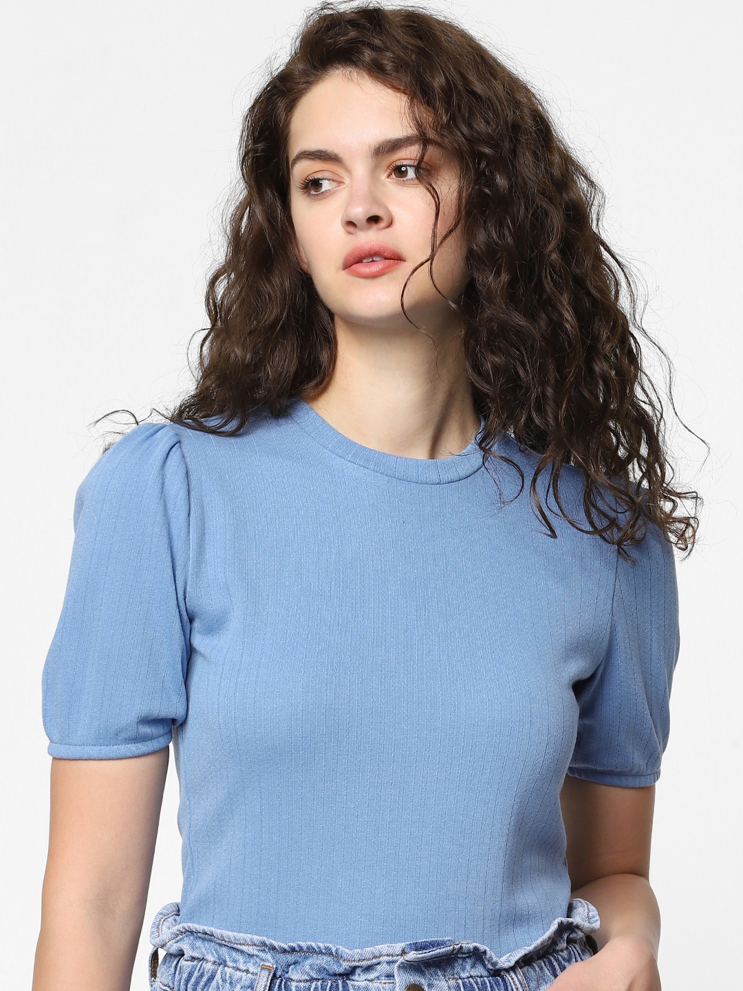 

ONLY Women Blue Solid Ribbed Round Neck Puffed Sleeve T-shirt