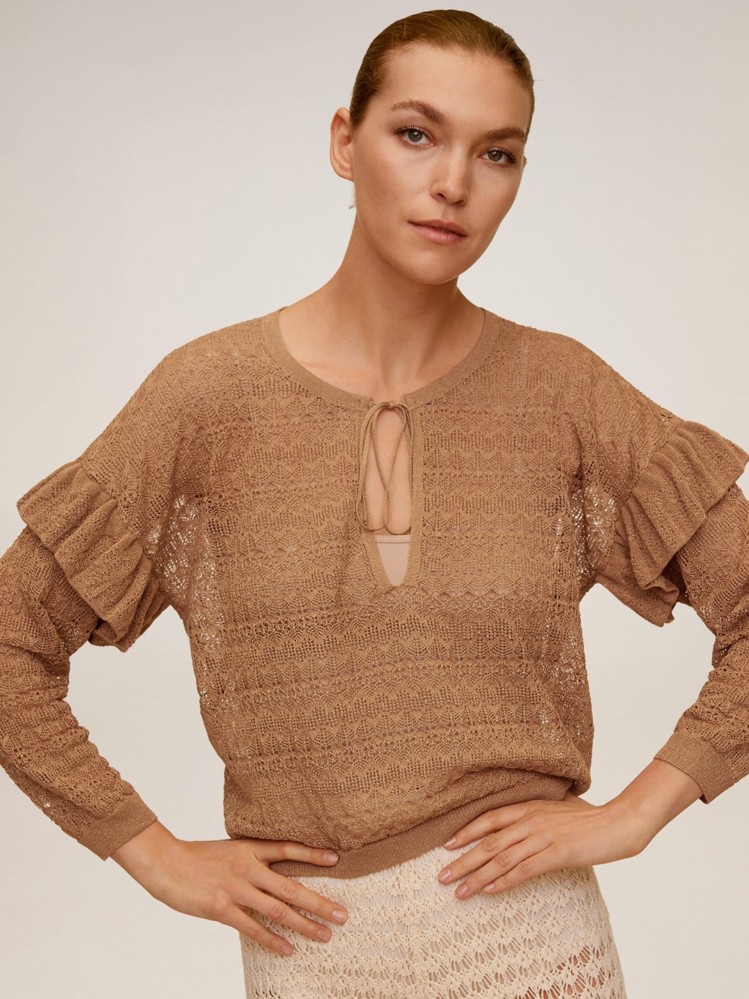

MANGO Women Beige Self Design Top