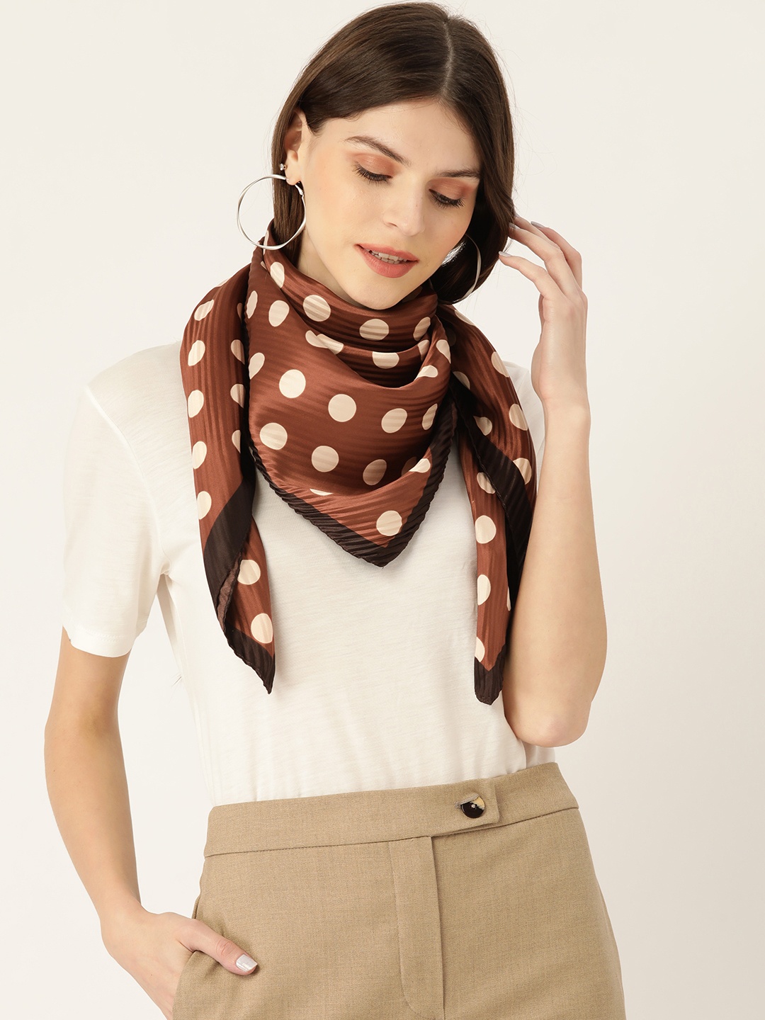 

MANGO Women Brown & Off-White Accordian Pleated Satin Finish Polka Dot Print Scarf
