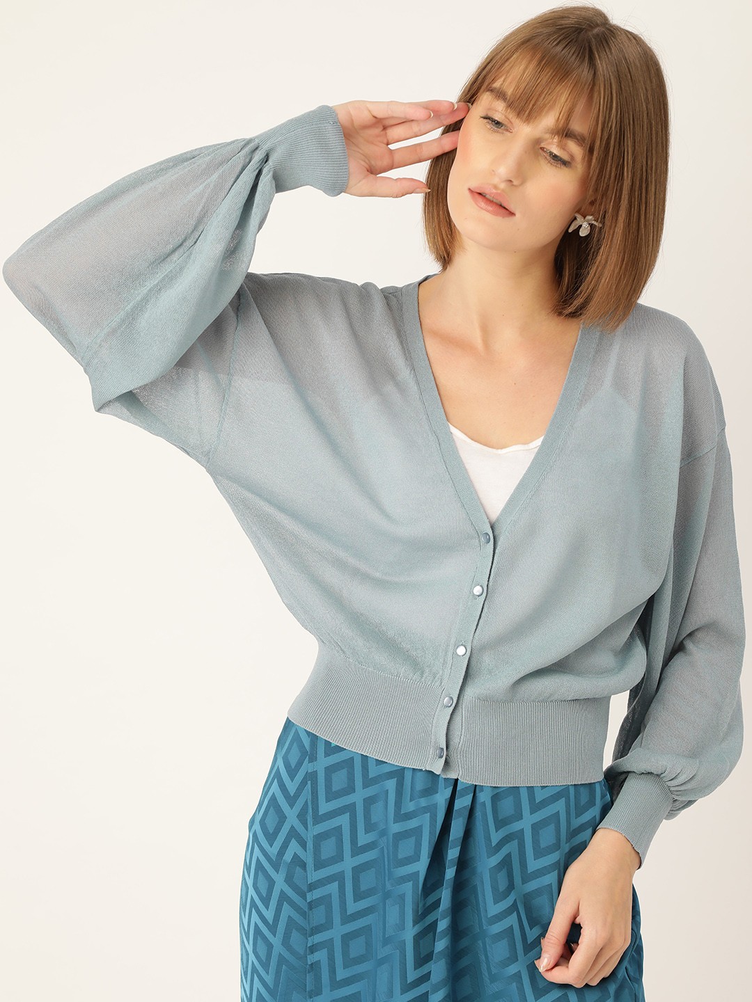 

MANGO Women Blue Solid Semi-Sheer Cardigan