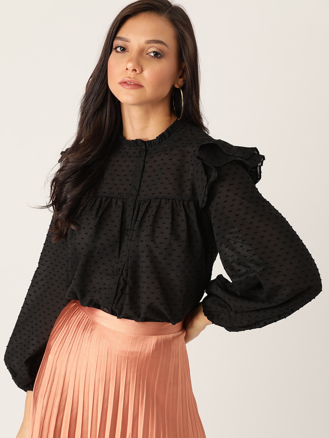 

MANGO Women Black Semi Sheer Self Design Victorian Top