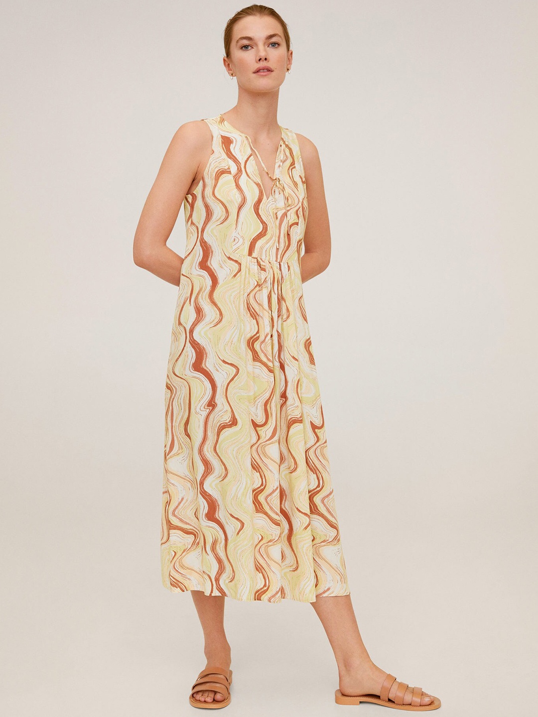 

MANGO Women Off-White & Brown Printed A-Line Dress