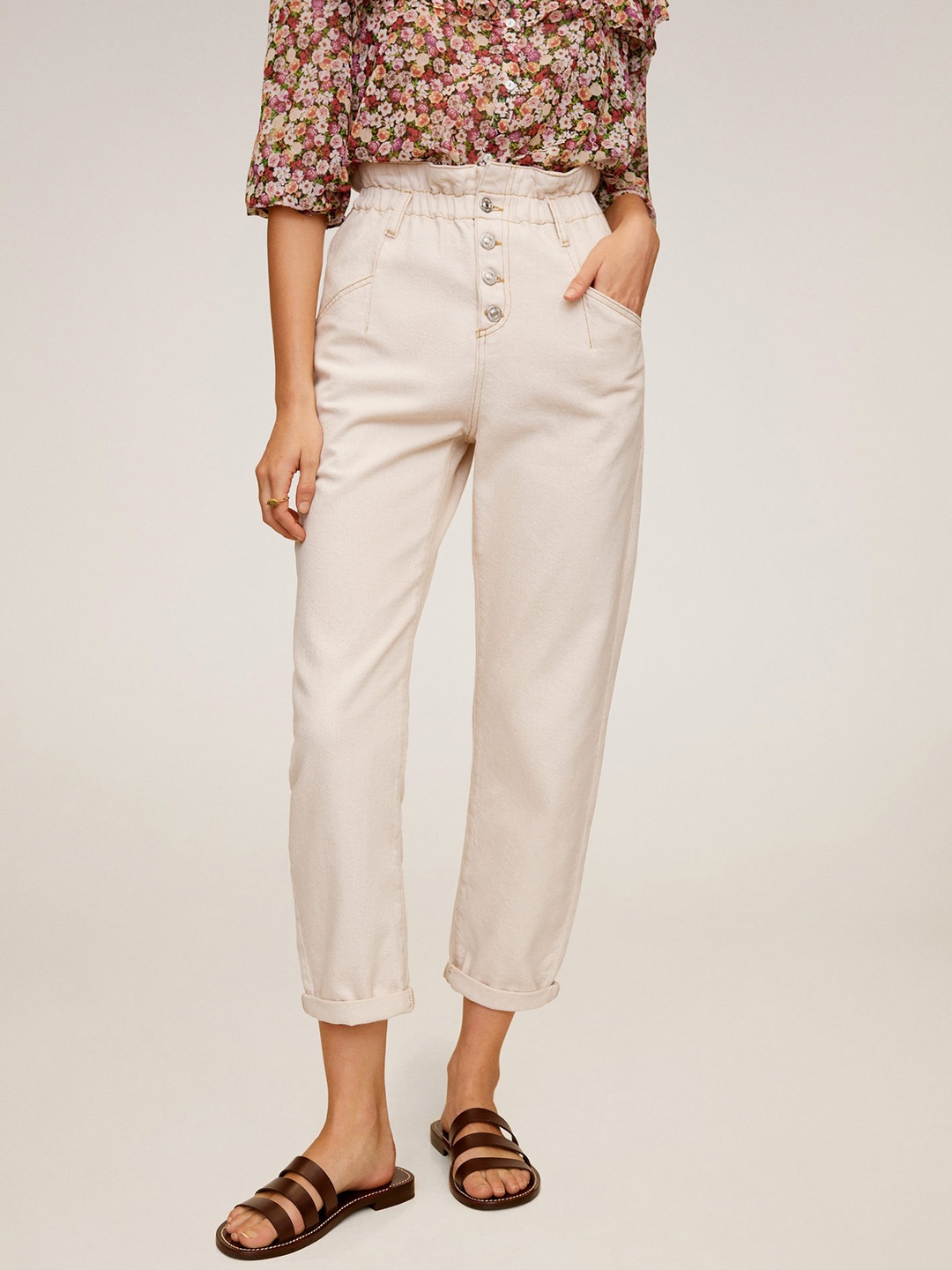 

MANGO Women Off-White Slim Baggy Fit Solid Sustainable High-Rise Peg Trousers