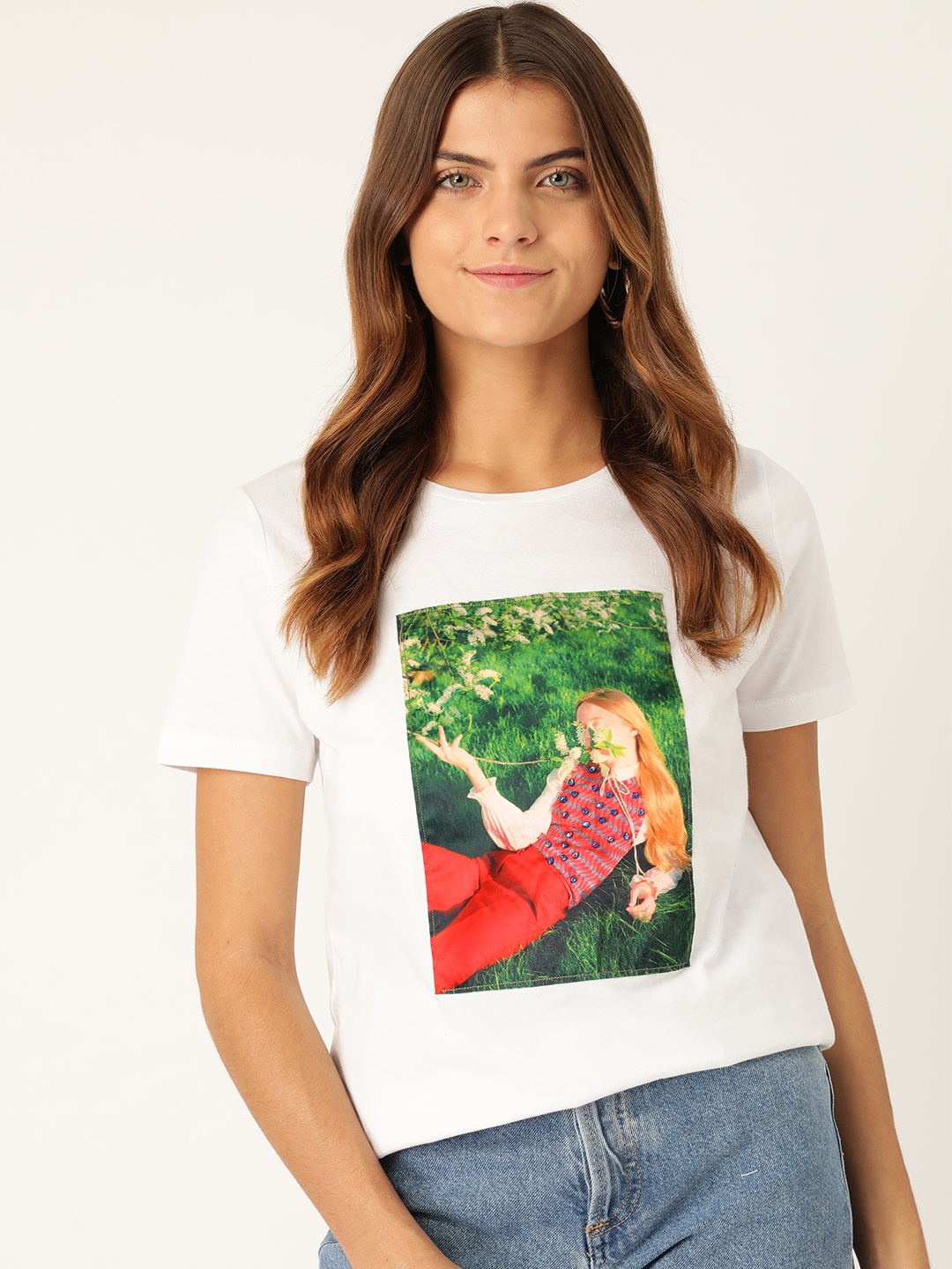 

MANGO Women White Green Graphic Printed Round Neck Pure Cotton T-shirt
