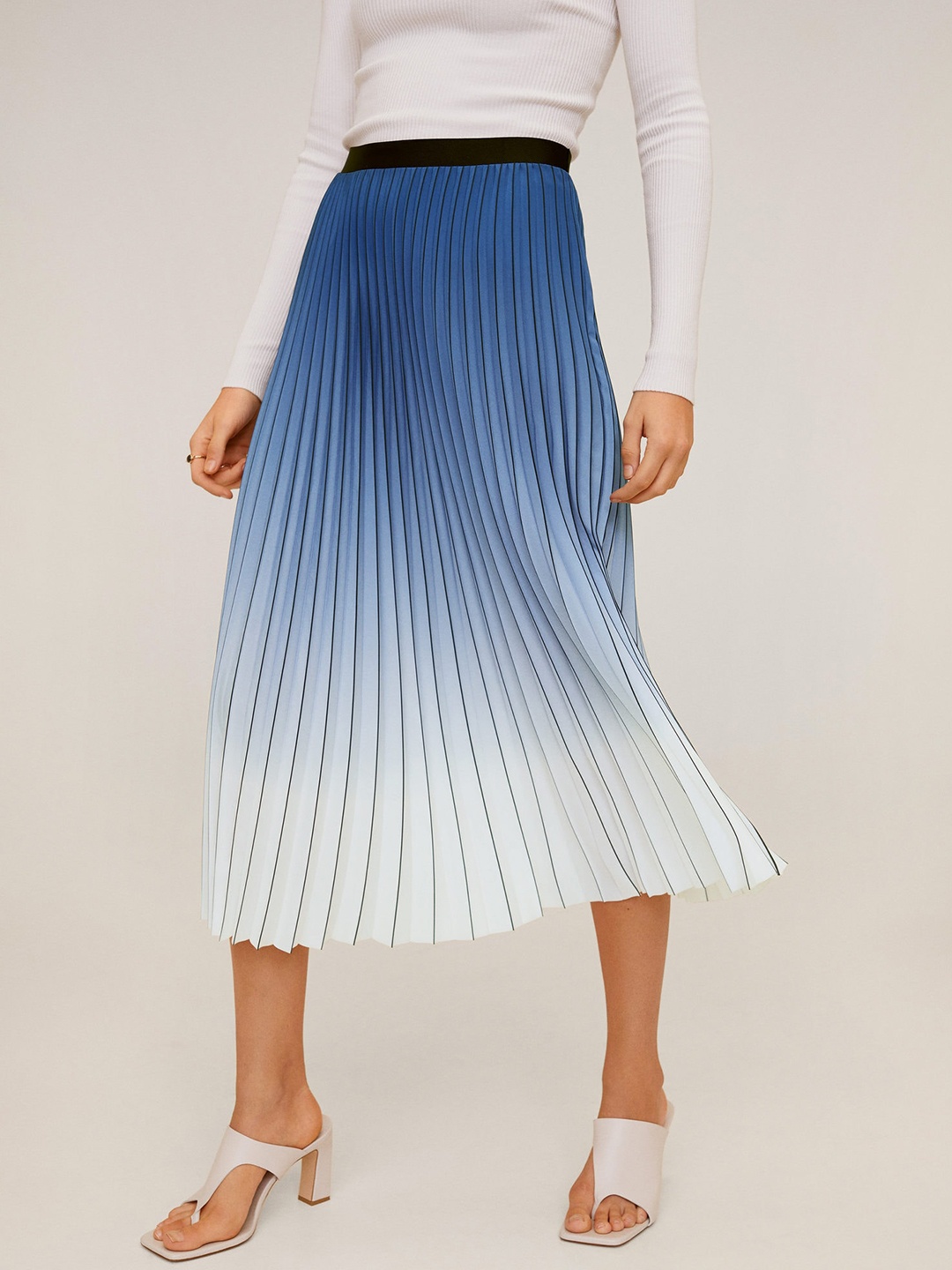 

MANGO Women Blue & White Ombre Effect Accordian Pleats A-Line Skirt