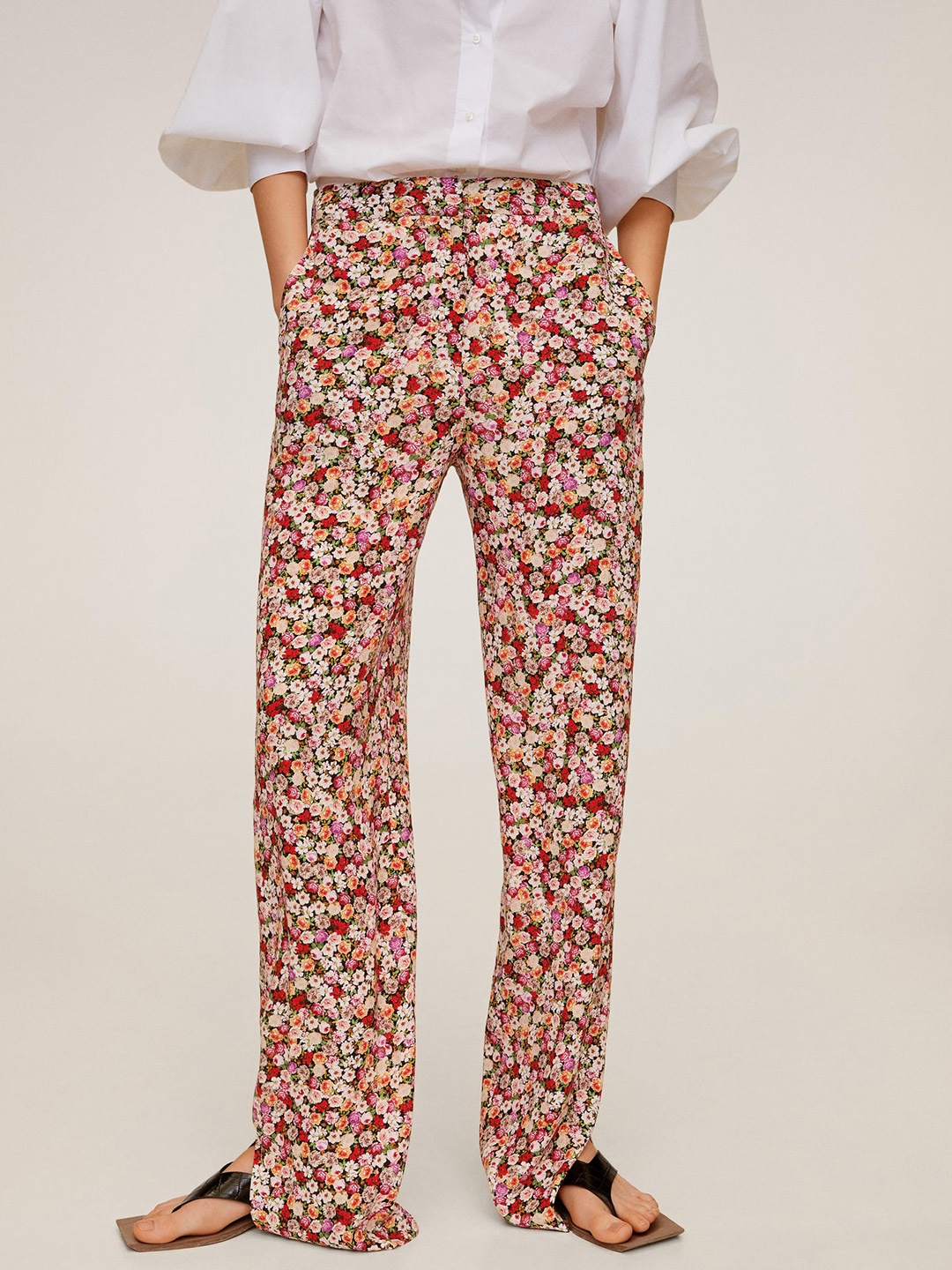 

MANGO Women Beige & Red Regular Fit Floral Print Trousers