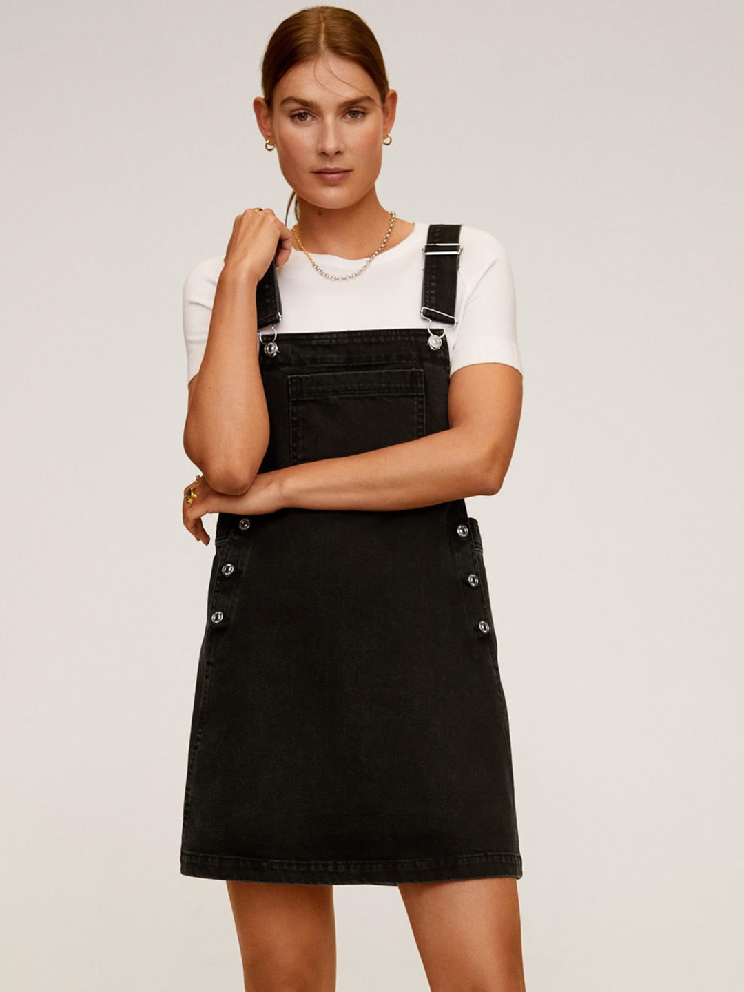 

MANGO Women Black Sustainable Cotton Solid Denim Pinafore Dress